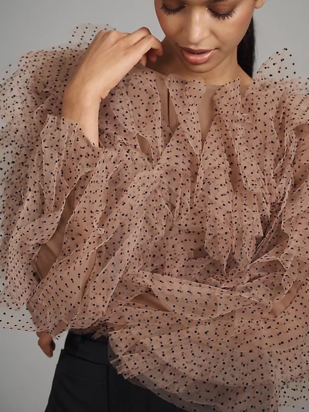 Anthropologie’s Dolan Blush Polka Dot Ruffle Sheer Blouse